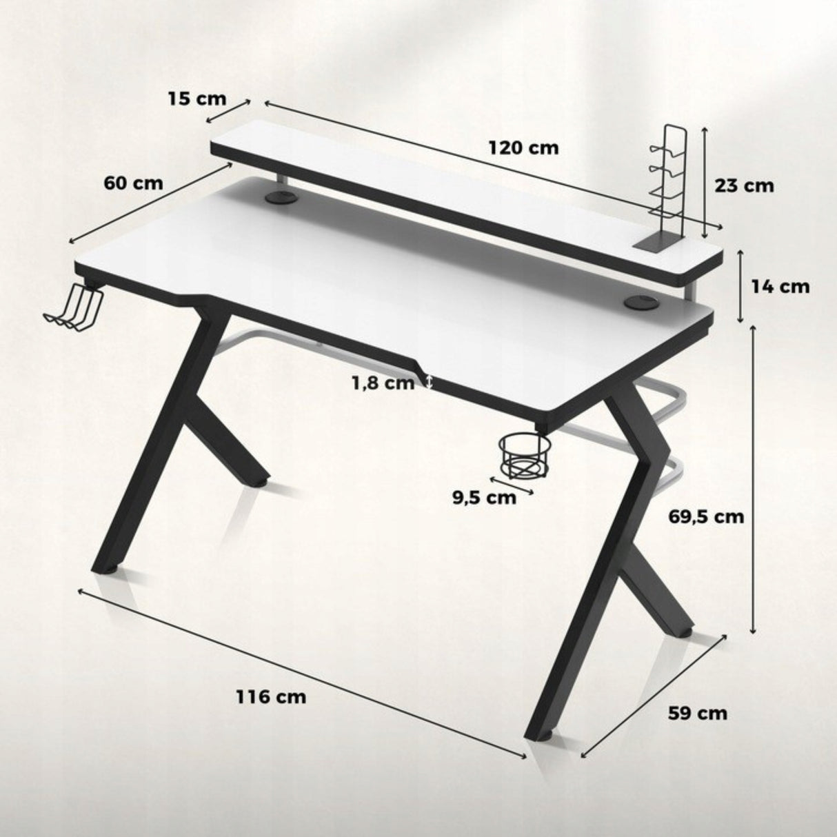 Biurko Gamingowe Młodzieżowe dla Gracza z Nadstawką + Uchwyty Białe 120 cm