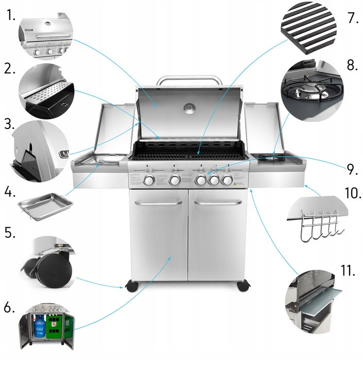 Grill Gazowy Ogrodowy Żeliwny Nierdzewny 4+1 +17,15 kW + Szafa Na Butlę