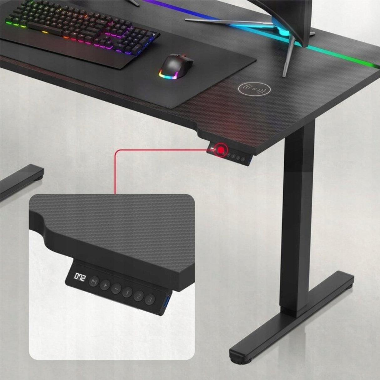 Biurko Gamingowe Elektryczne Regulowane Pilot RGB LED Karbon Czarne 140 cm