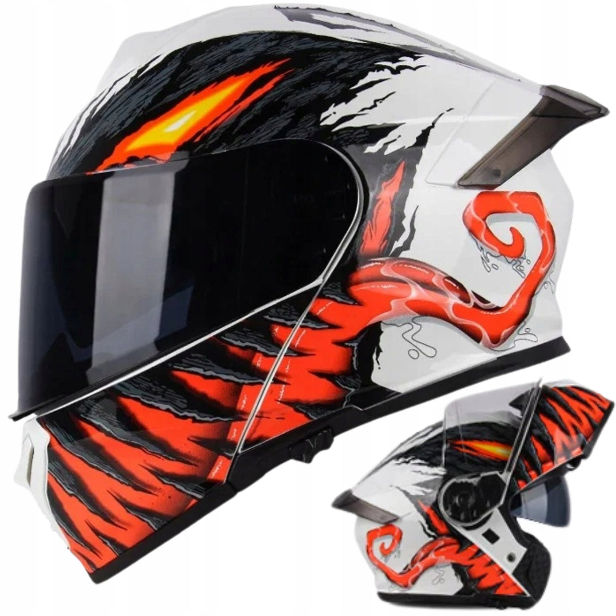 Kask Motocyklowy Szczękowy Biały-Pomarańcz Podwójnie Przeciwsłoneczny XXL