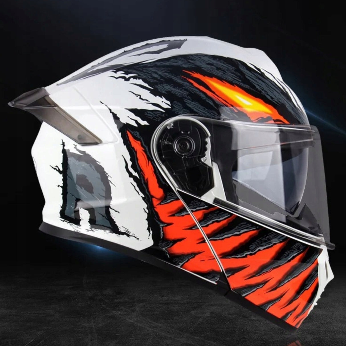 Kask Motocyklowy Szczękowy Biały-Pomarańczowy Podwójnie Przeciwsłoneczny XL