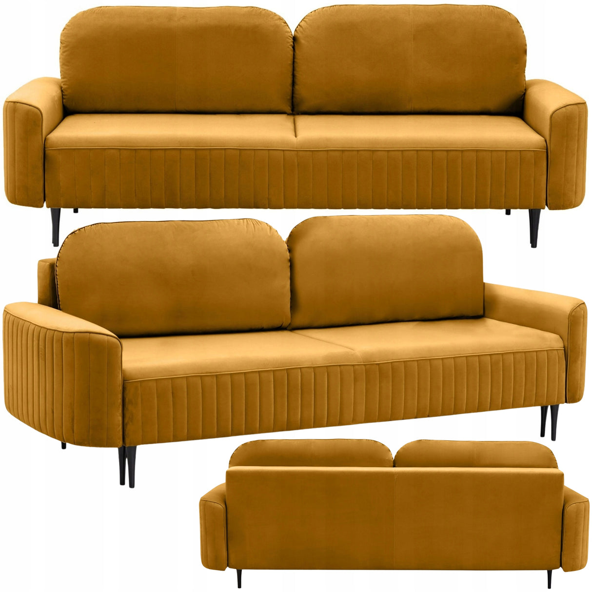 Sofa Rozkładana z Pojemnikiem na Pościel Welurowa Salonowa Żółta 244x102cm