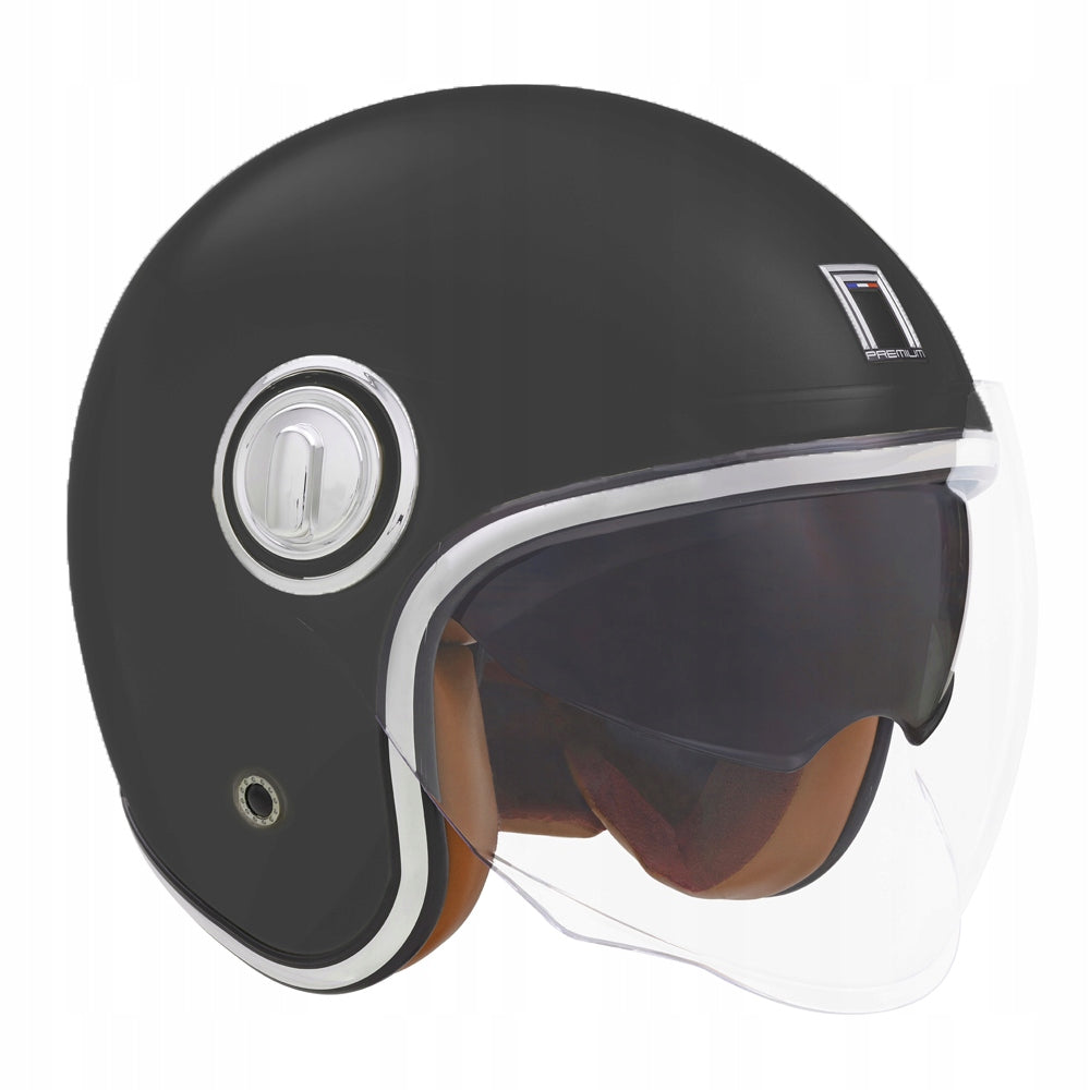Kask Motocyklowy Elegancki Premium Neo-Retro Czarny Mat Skóra Beż Nox S