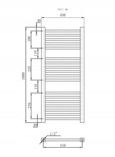 Grzejnik Łazienkowy Wodny Elektryczny Nowoczesny 520W CZARNY 1000x450mm