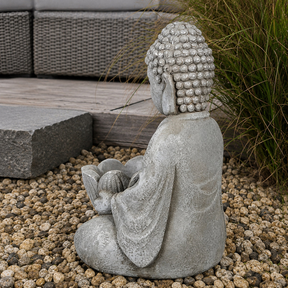 Figurka Ogrodowa Dekoracyjna do Ogrodu Wnętrza Ozdobna Siedzący Budda Szary