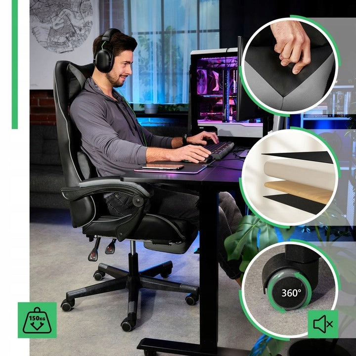 Fotel Obrotowy Biurowy Gamingowy Podnóżek Ergonomiczny Regulowany Czarny