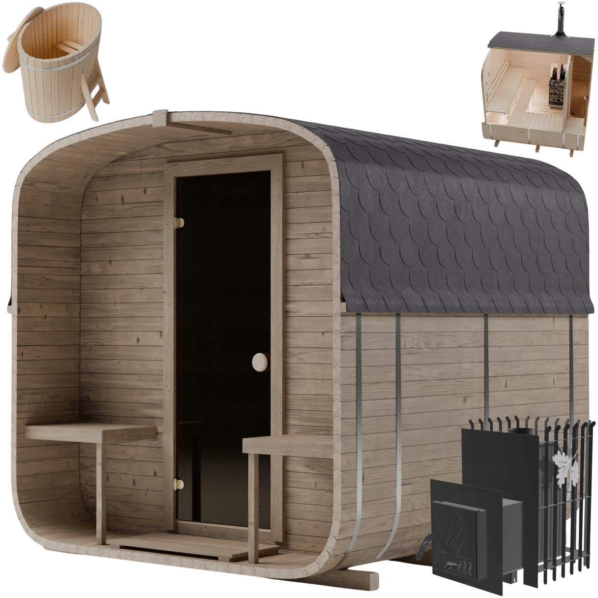 Sauna Ogrodowa Quadro 240 cm ZESTAW z Piecem na Drewno i Balią 120 cm