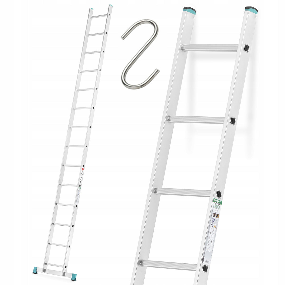 Drabina Aluminiowa Przystawna Mocna TUV 1x14 2,56m + Stabilizator i Hak