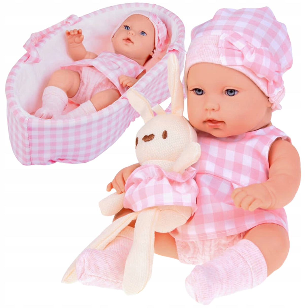 Lalka Noworodek Bobas Czapka Sukienka + Maskotka Królik na Prezent Różowa