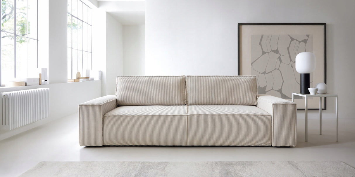 Sofa Rozkładana z Pojemnikiem na Pościel Sztruksowa Jasnobeżowa 257x102cm