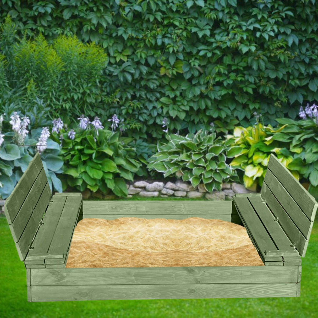Piaskownica Drewniana 150x150XXL Składana Zamykana Z Ławkami Zielona+GRATIS
