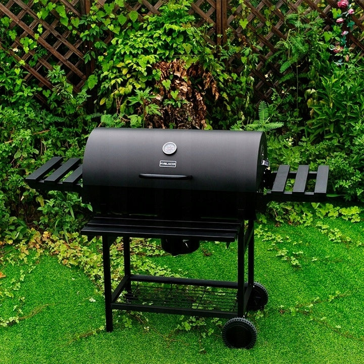 GRILL OGRODOWY WĘGLOWY Z POKRYWĄ I PÓŁKAMI VL09 CZARNY 76 x 40 cm