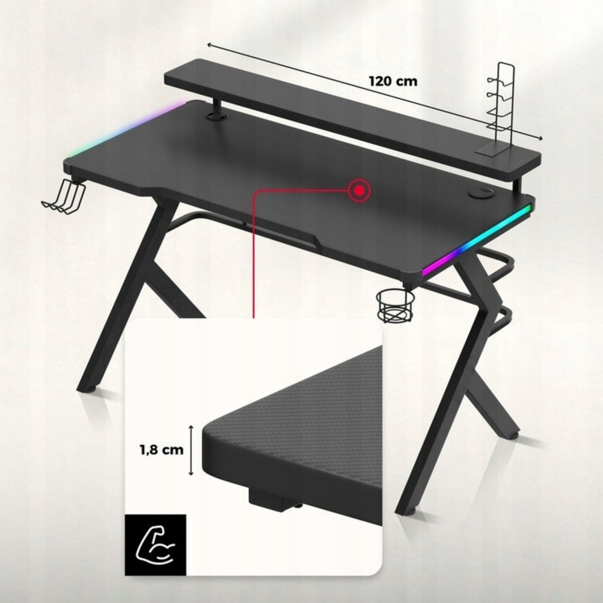 Biurko Gamingowe dla Gracza Młodzieżowe z Nadstawką+Uchwyty RGB LED Czarne