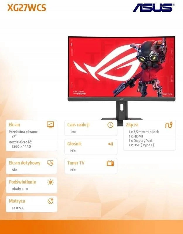 Monitor Gamingowy 27" Cali Asus ROG Strix XG27WCS 2560 x 1440 (WQHD) 180 Hz