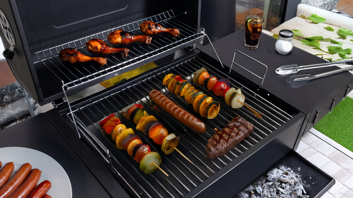 Grill Węglowy Ogrodowy Duży Szuflada na Popiół Termometr Ruszt z Pokrywą