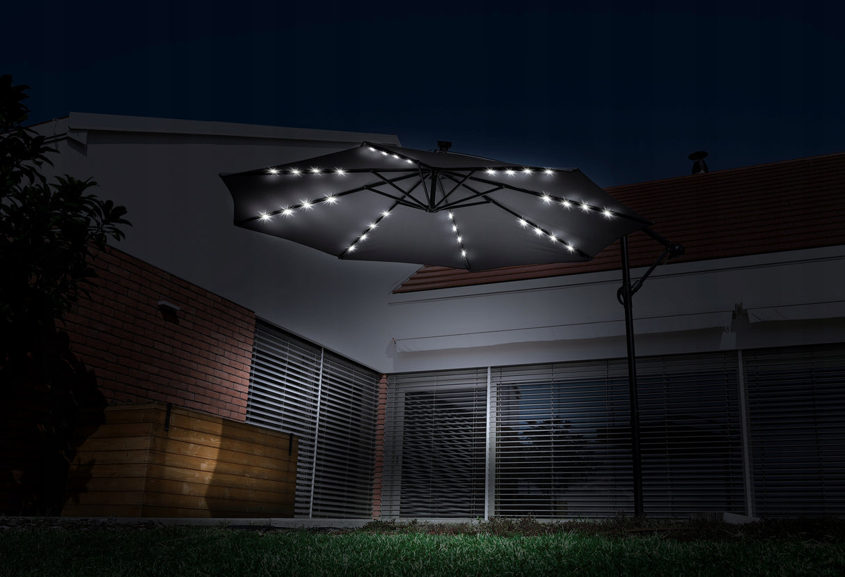 Parasol Ogrodowy Z Wysięgnikiem LED Z Oświetleniem Solar Szary 350 cm