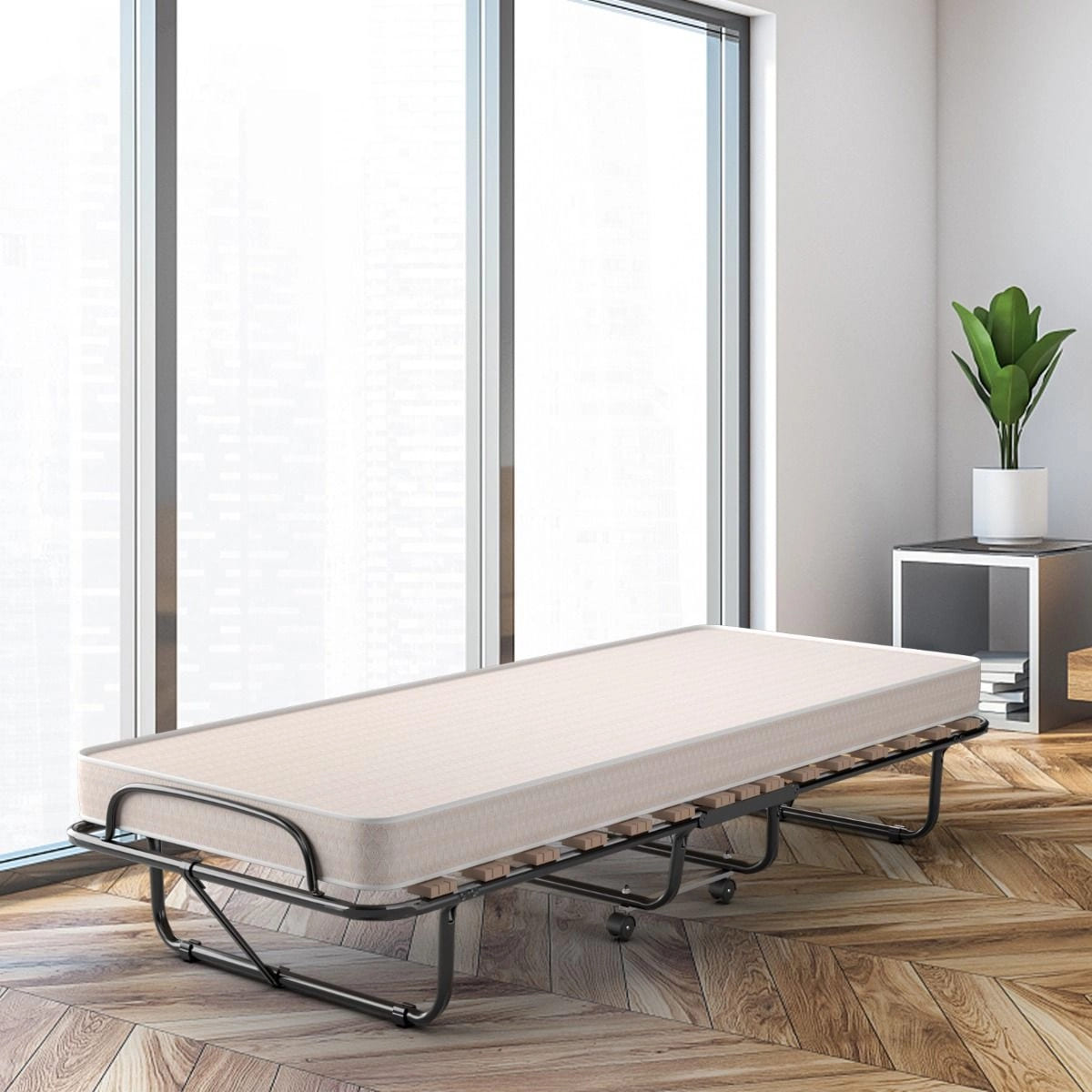 Składane Łóżko z Materacem Beżowe Komfortowe HW72809BE 190x80x33cm