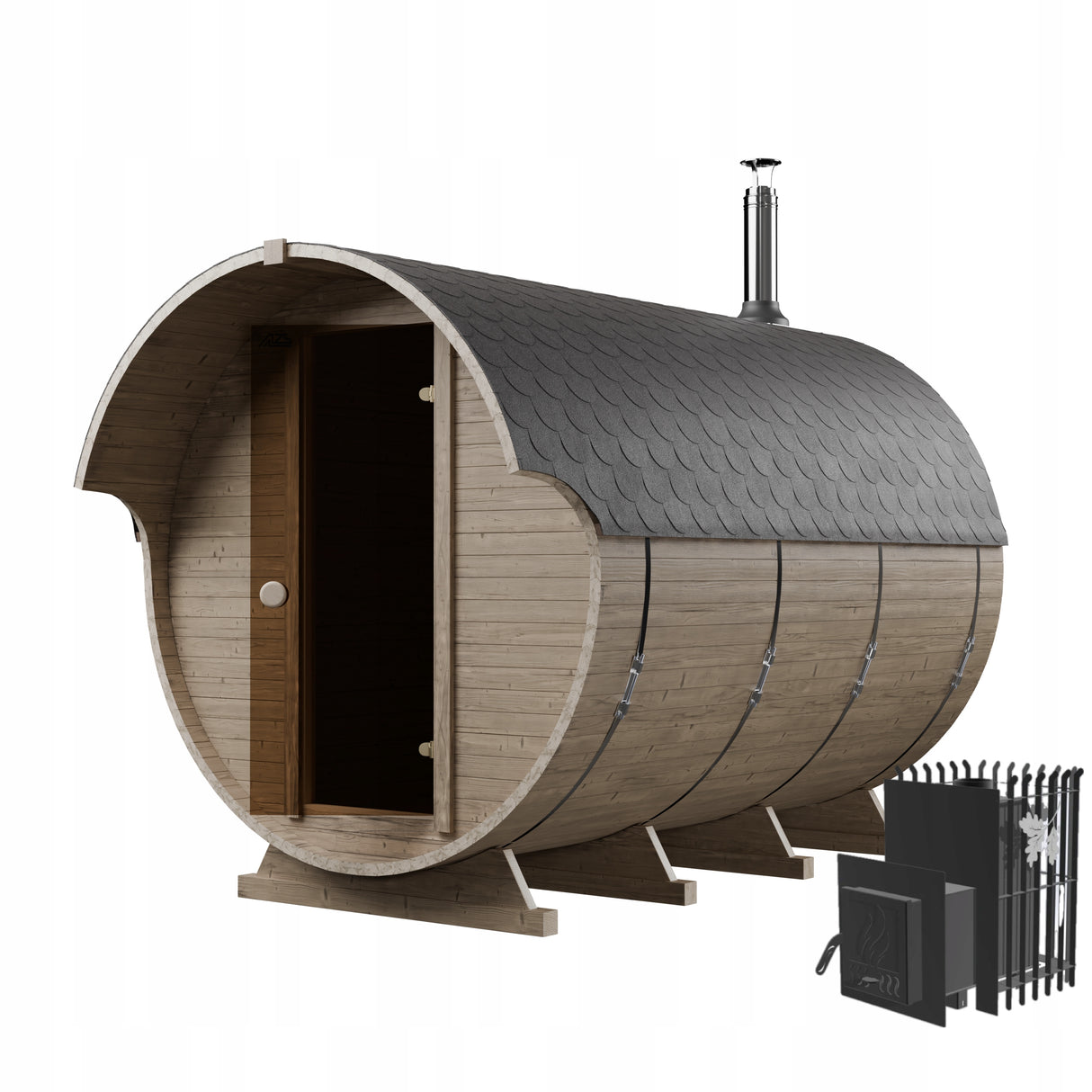 Sauna Ogrodowa Zestaw z Piecem na Drewno Szwedzkie Drewno Beczka 340 cm