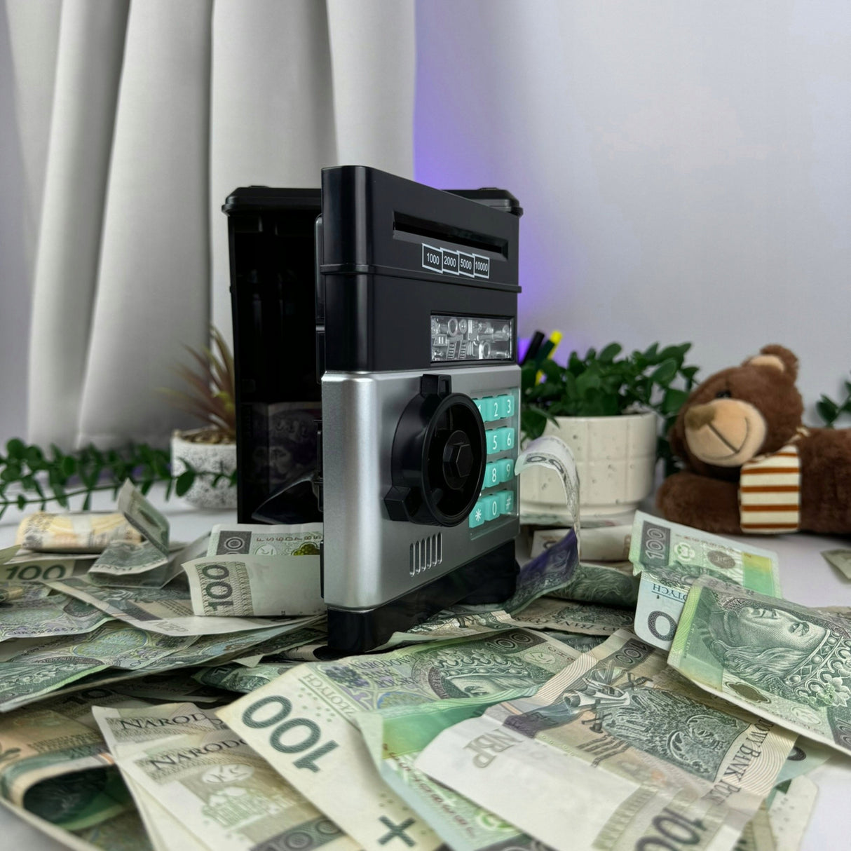 Skarbonka Sejf Bankomat Dla Dzieci z PIN LED Dźwięk Alarm Banknoty Efektami