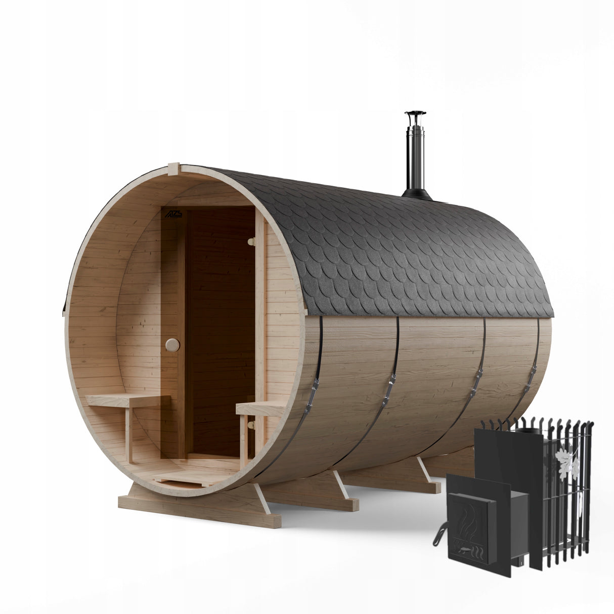 Sauna Ogrodowa Zestaw z Piecem na Drewno Beczka 340 cm Szwedzkie Drewno