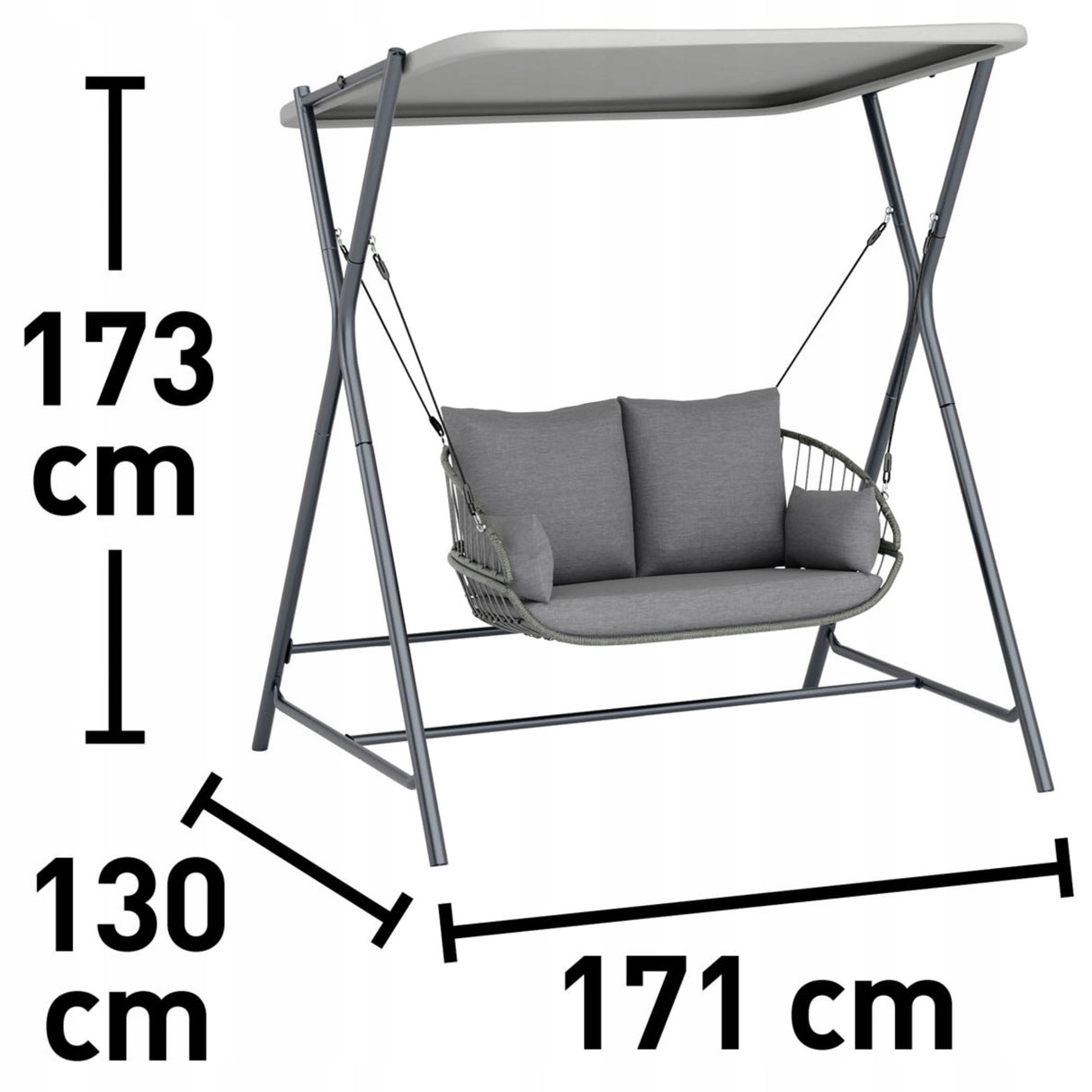 Huśtawka Ogrodowa Dwuosobowa Stal Poliester 171x130x173 cm do 220 Kg Szara