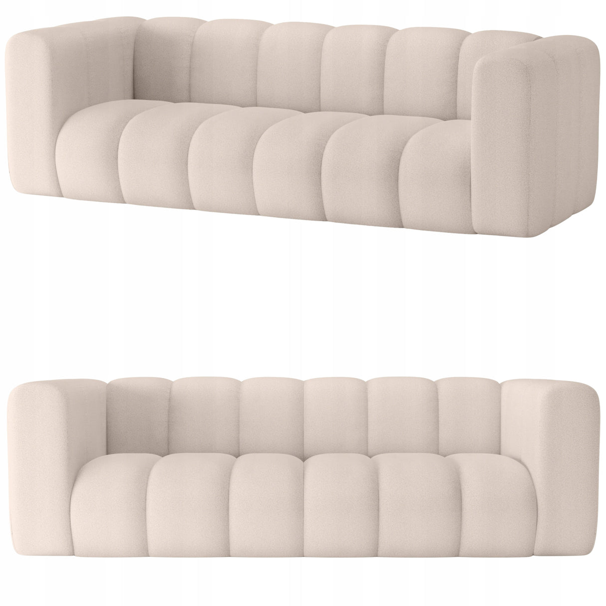 Sofa Trzyosobowa do Salonu Salonowa Boucle Obłe Kształy Jasnobeżowa Tkanina