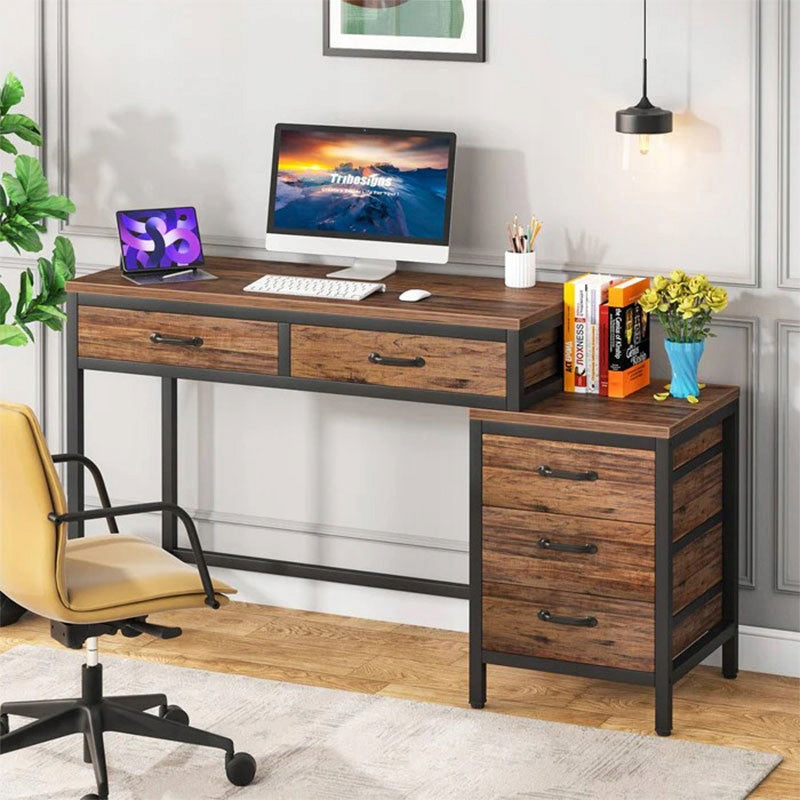 Biurko Komputerowe HOGA-JW0390X Industrialne Z 5 Szufladami 136 cm Brązowe