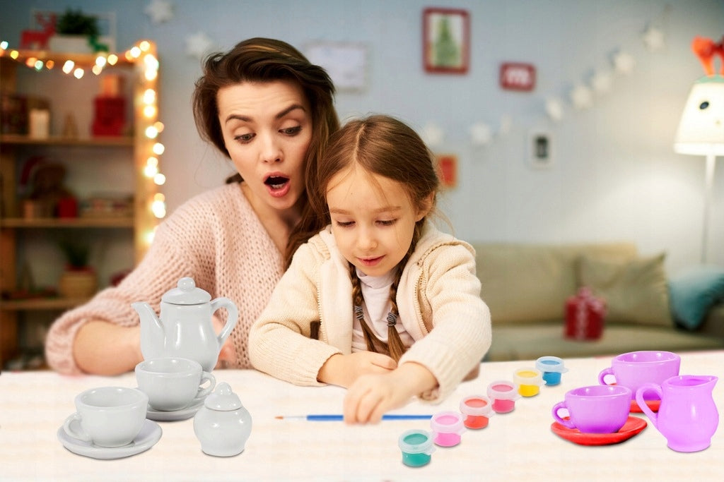 Zestaw Ceramiczny do Pomalowania do Herbatki Kolorowe Farby Pędzel