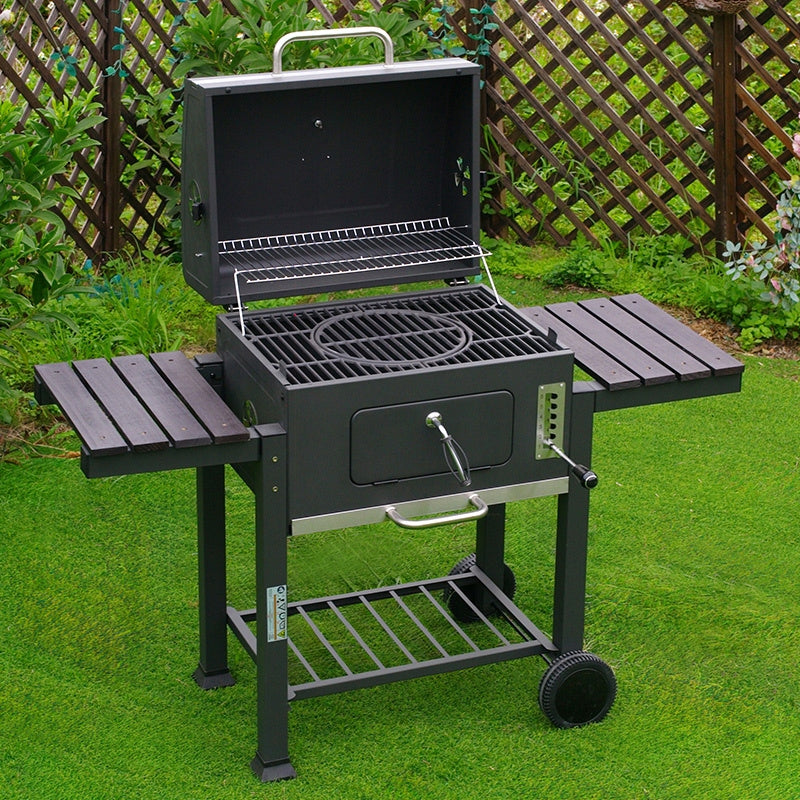 Grill Węglowy z Pokrywą i Półkami na Kółkach Ogrodowy XXL Szary Termometr