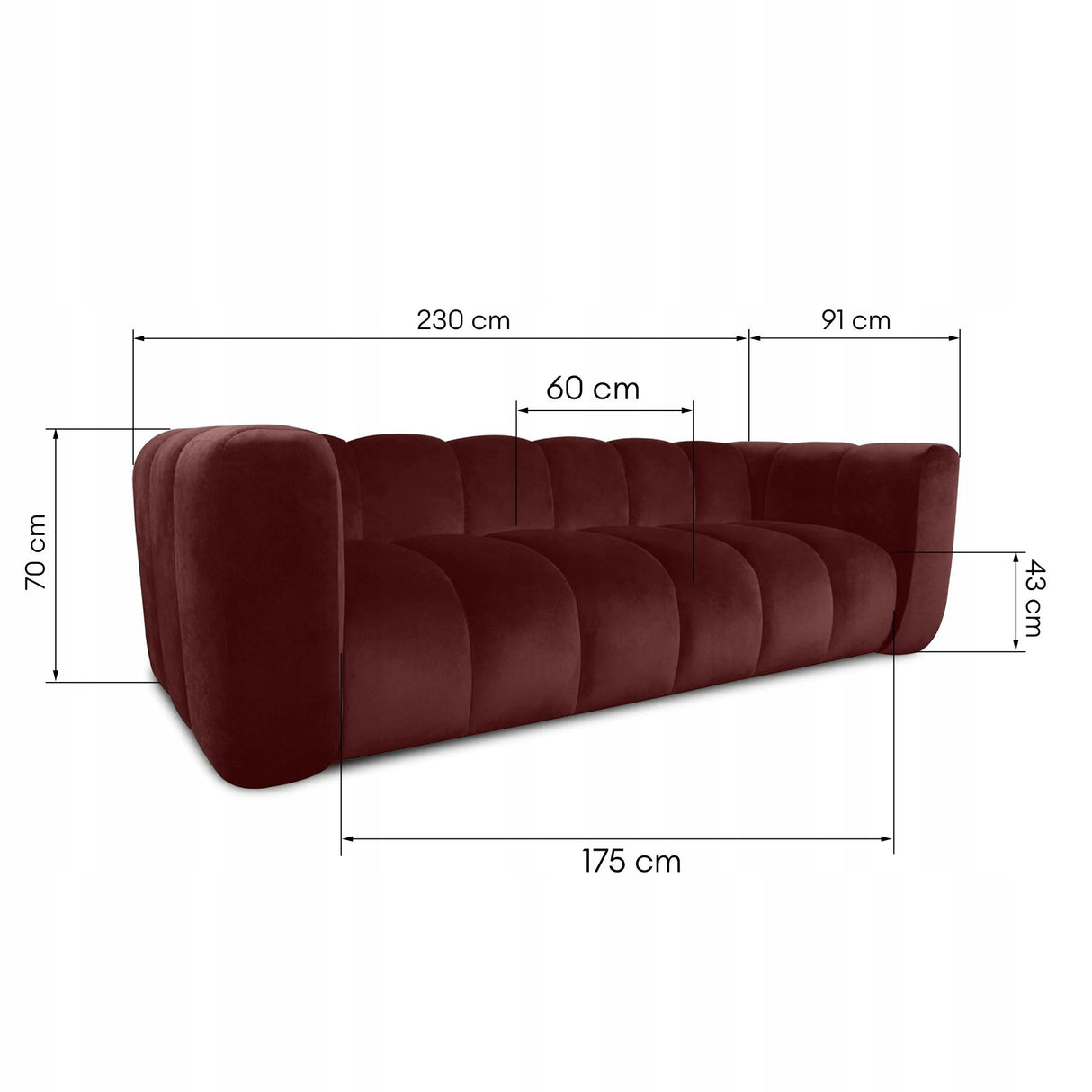 Sofa Trzyosobowa do Salonu Salonowa Boucle Obłe Kształy Burgund Welurowa
