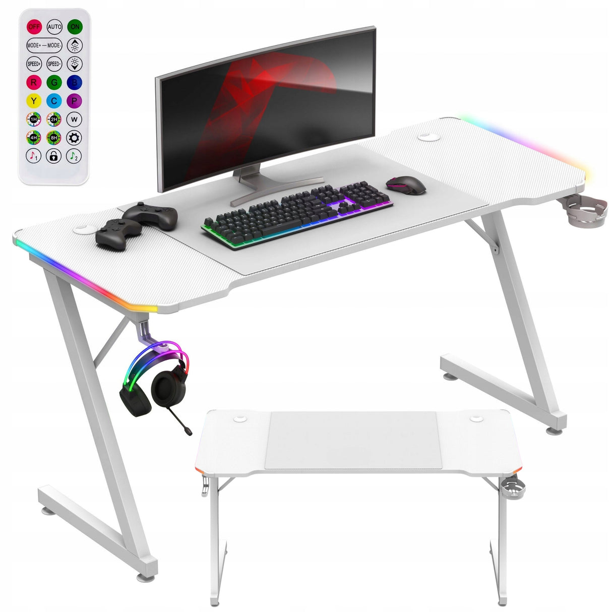 Biurko Komputerowe Gamingowe Ledy RGB Pilot + Podkładka XXL Karbon Białe