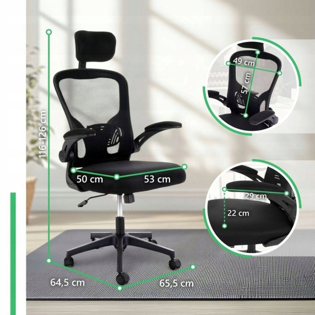 Fotel Obrotowy Biurkowy z Regulacją Materiałowy Ergonomiczny Czarny 126cm