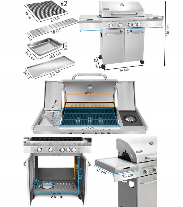 Grill Gazowy Ogrodowy Żeliwny Nierdzewny 4+1 +17,15 kW + Szafa Na Butlę