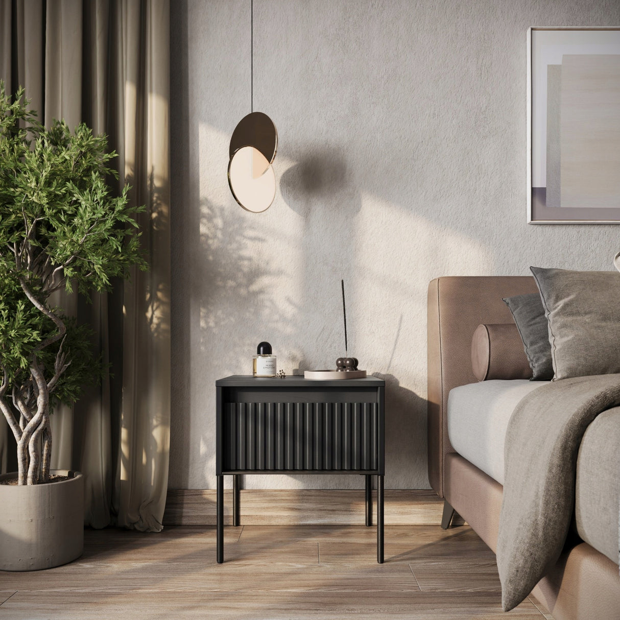 Stolik Nocny Ryflowany Front z Oświetleniem LED Prostokątny Czarny 40x46 cm