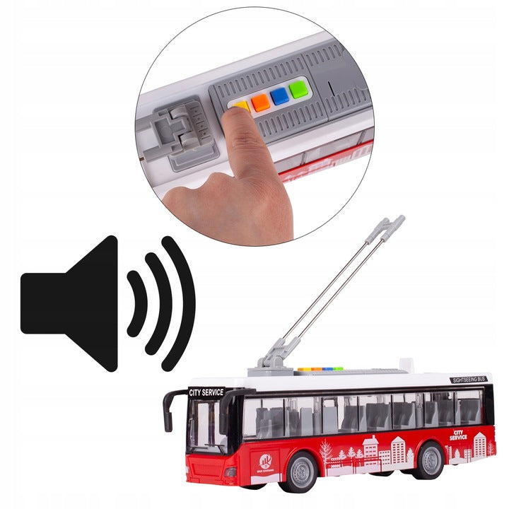 TROLEJBUS AUTOBUS ŚWIATŁA OTWIERANIE DRZWI ELEKTRYCZNY INTERAKTYWNY 1:16