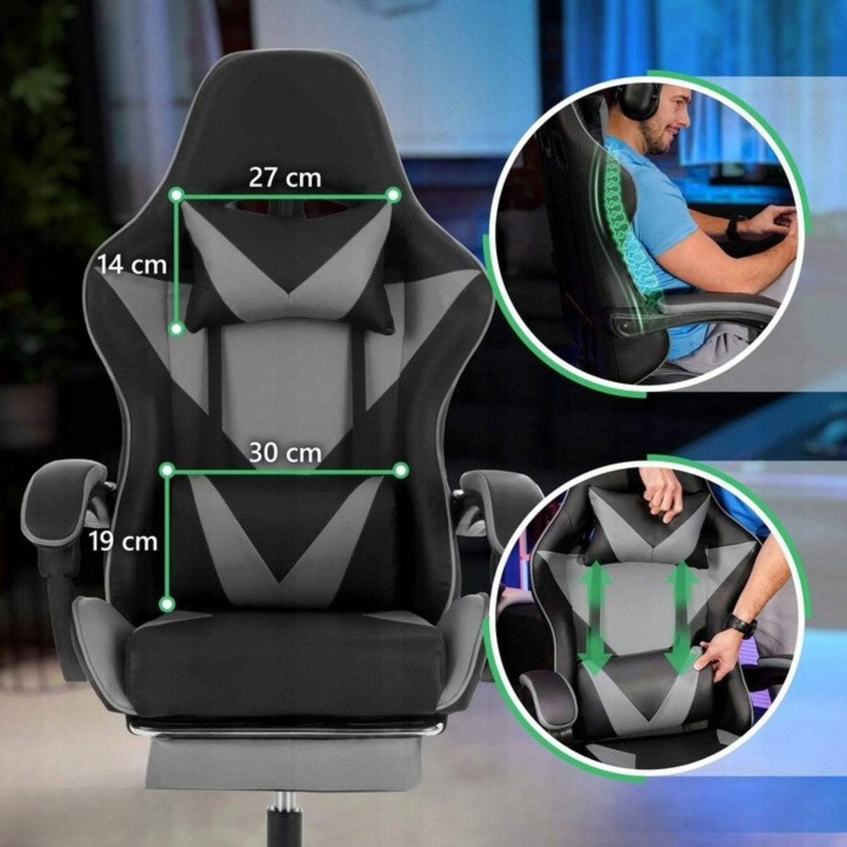 Fotel Obrotowy Biurowy Gamingowy Podnóżek Ergonomiczny Regulowany Czarny