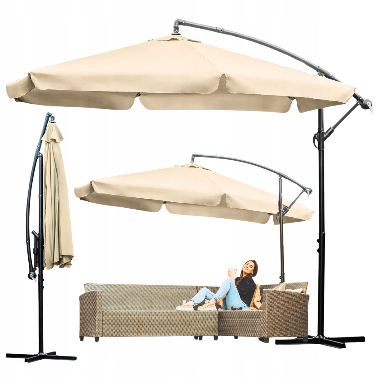Parasol Ogrodowy Z Wysięgnikiem Składany Regulacja Wysokości 350Cm Beżowy