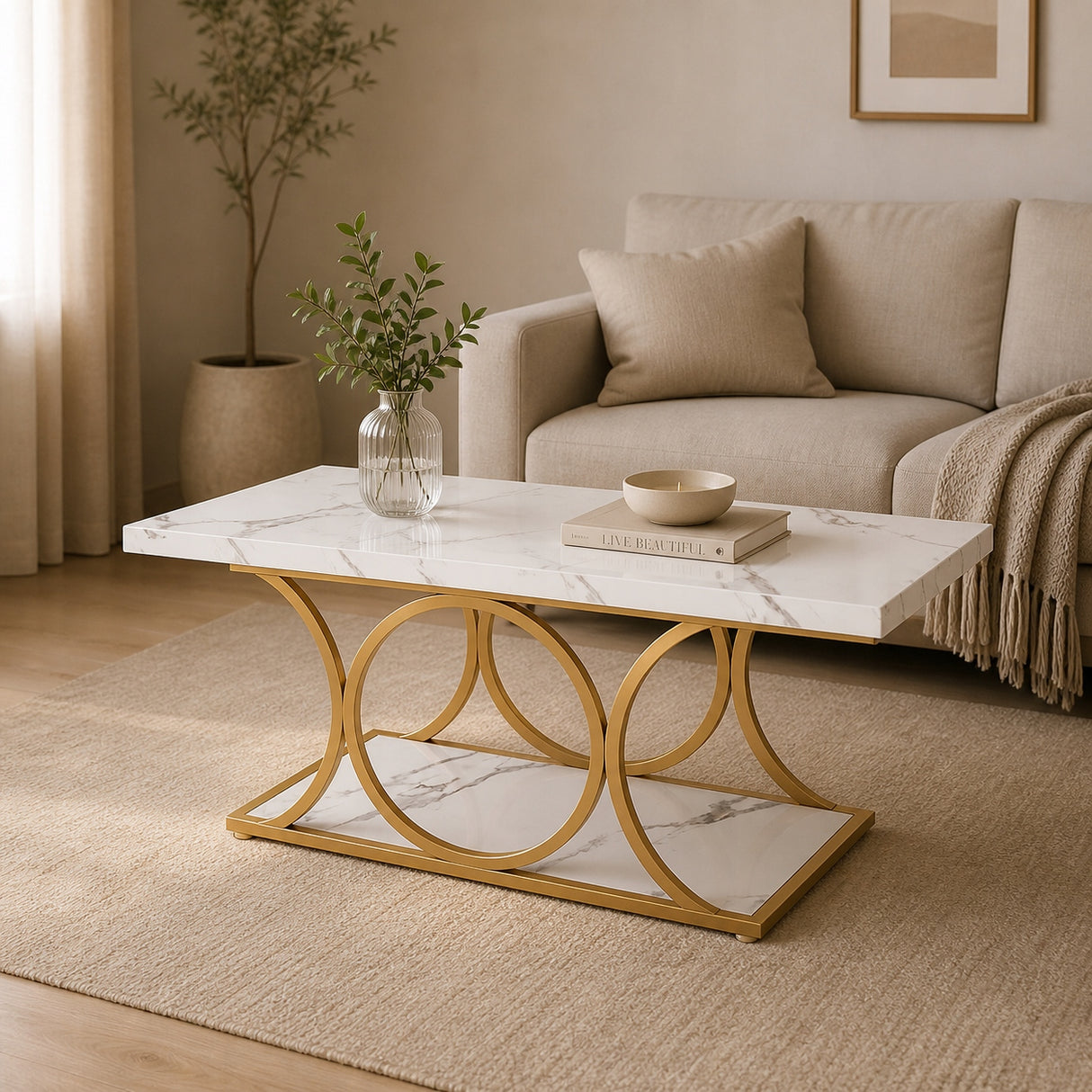 Stolik Kawowy Prostokątny 2 Poziomy Biały Złoty HOGA-C0848X 118x56,4x46,9cm