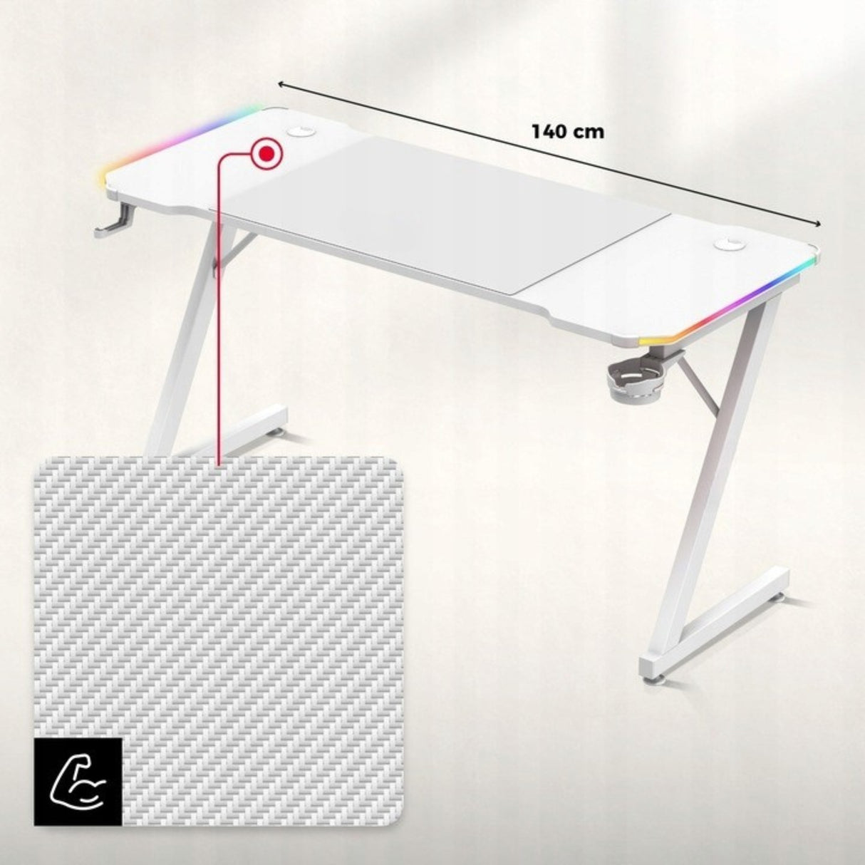 Biurko Komputerowe Gamingowe Ledy RGB Pilot + Podkładka XXL Karbon Białe