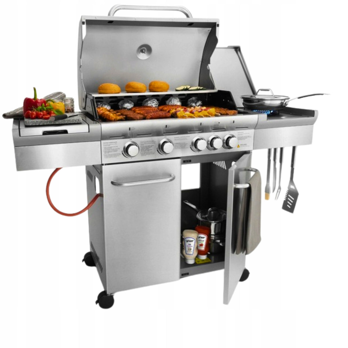 Grill Gazowy Ogrodowy Żeliwny Nierdzewny 4+1 +17,15 kW + Szafa Na Butlę