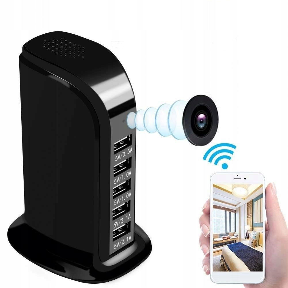 Ukryta Kamera WiFi 5xUSB Ładowarka Szpiegowska Czarna HD 1080p 2,4/5Ghz
