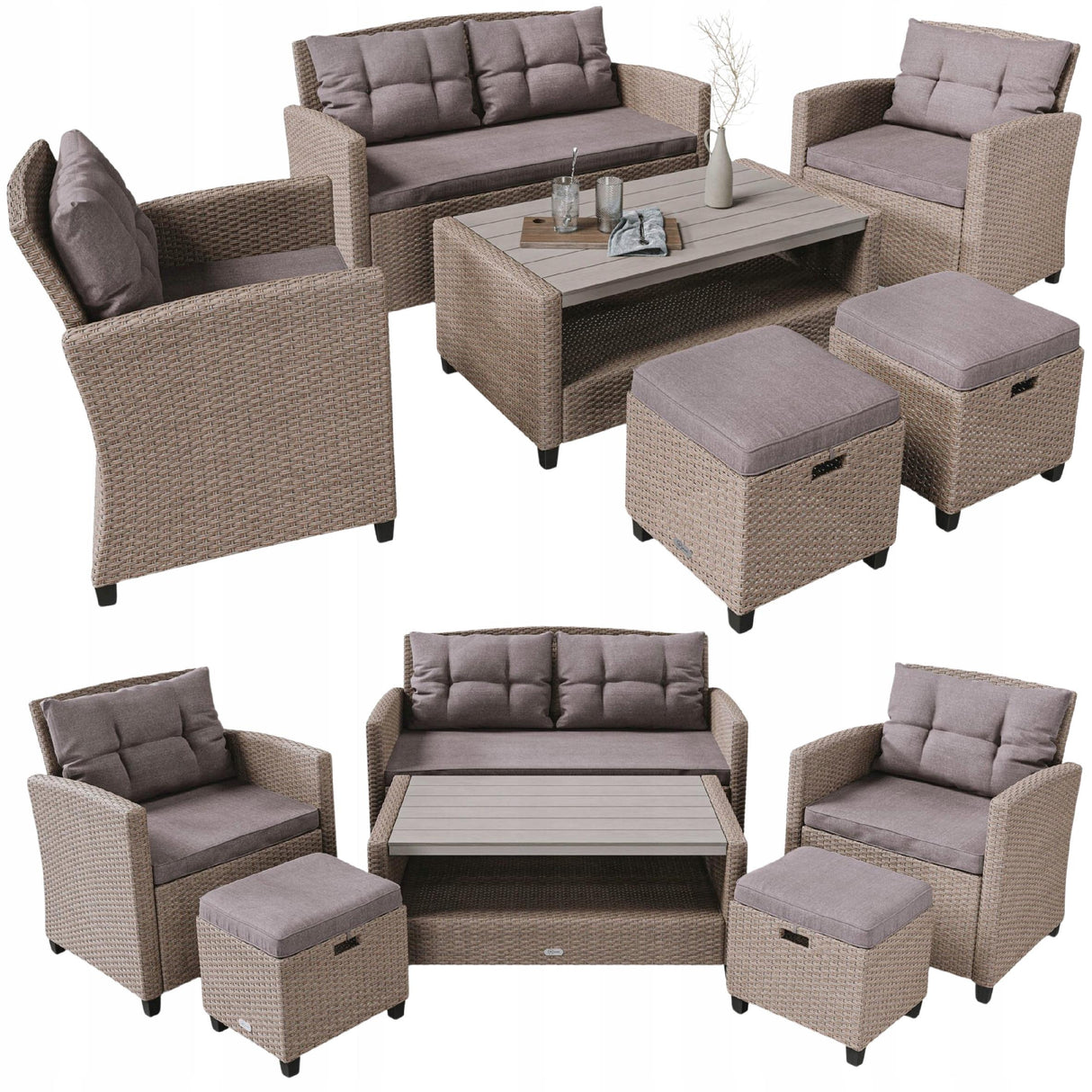 Zestaw Mebli Ogrodowych Technorattan Duży Sofa Fotele Stolik Pufa Gratis