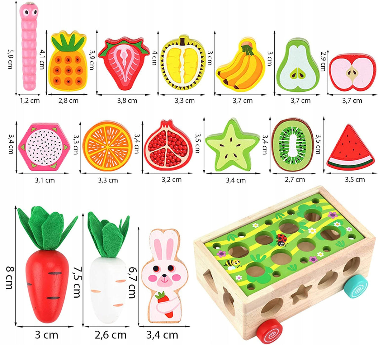 Układanka Drewniana Montessori Marchewki Wózek Złap Robaczka Sorter Klocków