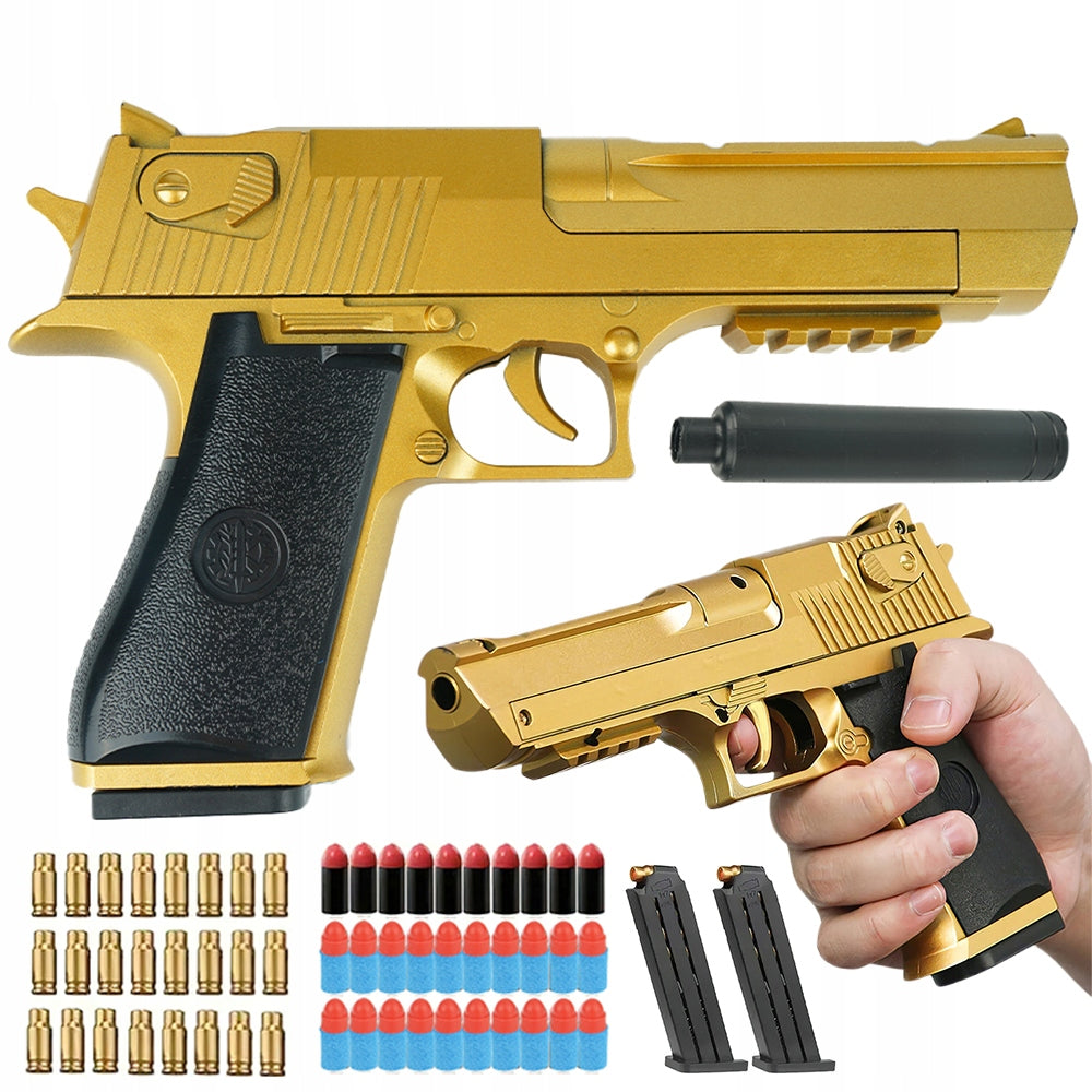 Pistolet Na Naboje Gąbkowe Wyrzut Łusek 2 Magazynki 30 Naboi Złoty