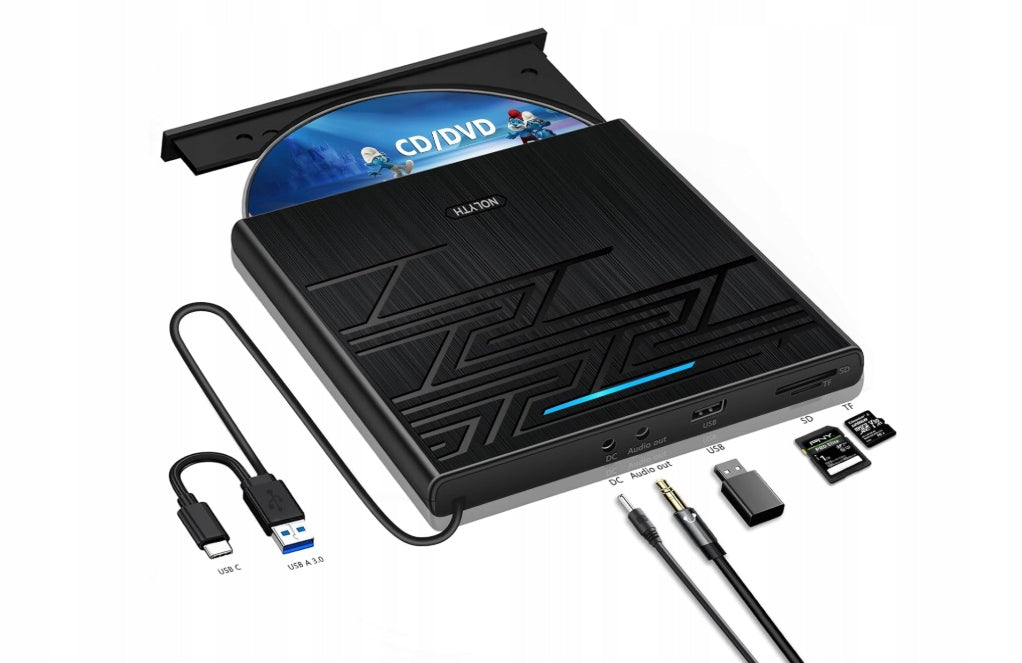 Zewnętrzny Napęd Nolyth CD DVD CT06 Czarny USBC Gniazdo Audio 3,5mm hub USB