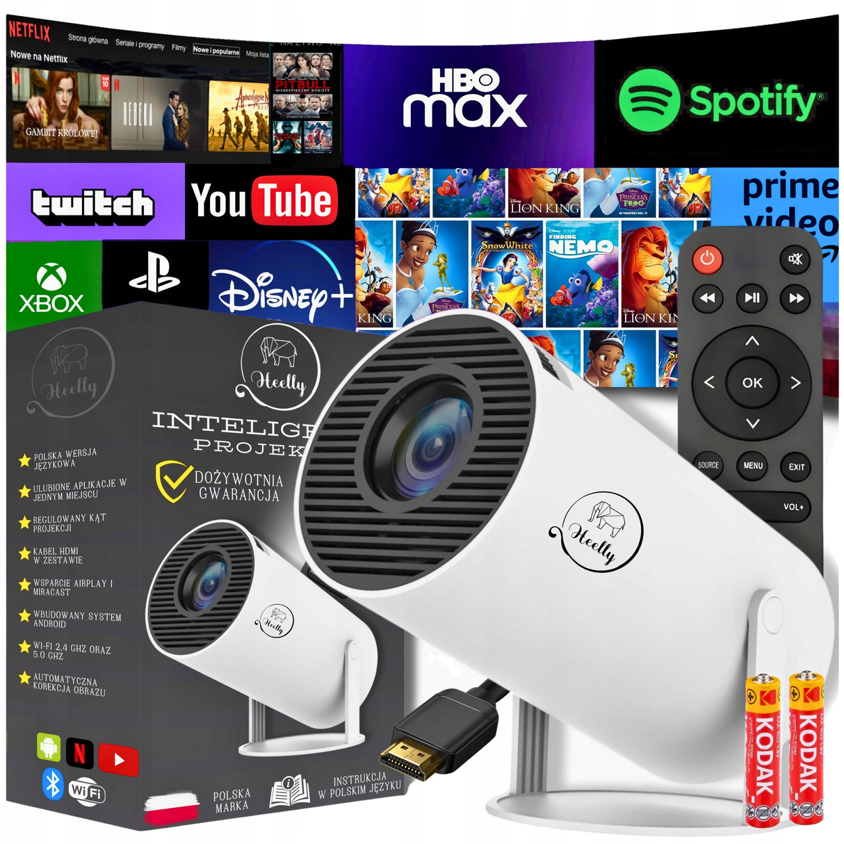PROJEKTOR RZUTNIK ANDROID TV WIFI FULL HD PRZENOŚNY SMART GŁOŚNIK OBROTOWY