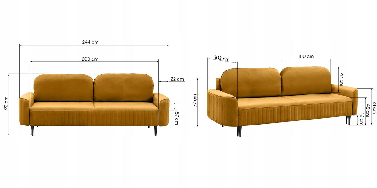 Sofa Rozkładana z Pojemnikiem na Pościel Welurowa Salonowa Żółta 244x102cm