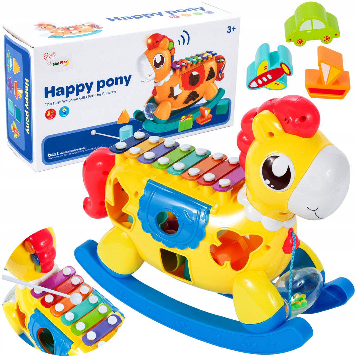 Konik Interaktywny Sorter Cymbałki Klocki Światło Dźwięk Koń Kształty
