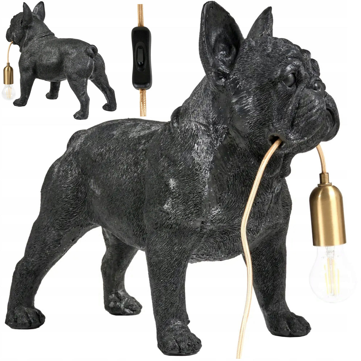 Lampa Stołowa Czarny Pies Lampka w Kształcie Buldoga Francuskiego 43 cm