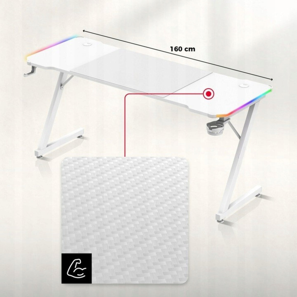 Biurko Komputerowe Gamingowe Biurowe Młodzieżowe RGB Karbon Podkładka Białe